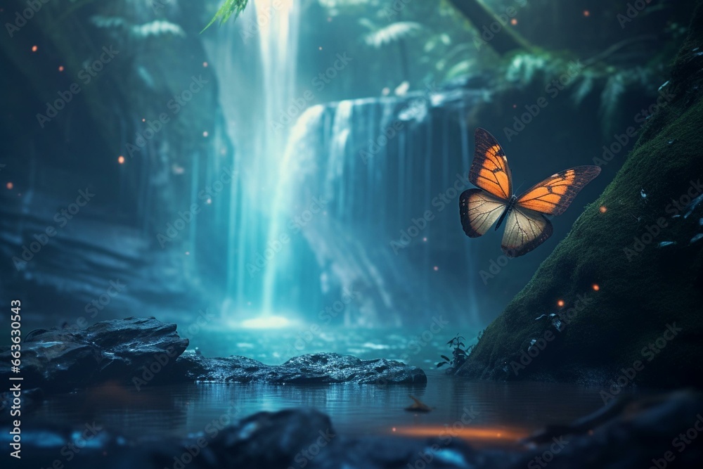 A magical scene featuring a butterfly and insect near a misty waterfall, with stunning visuals and bokeh effects. Generative AI