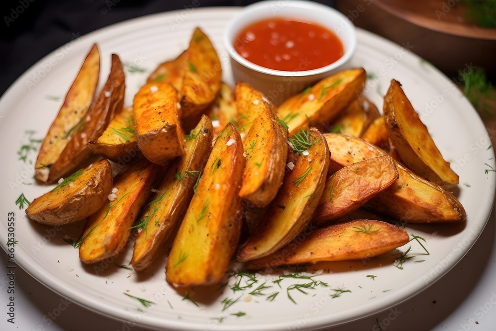 Crispy golden potato wedges, close up shot, menu, professional food photography, texture, yummy food Crispy golden potato wedges, close up shot, menu, professional food photography, texture, yummy food