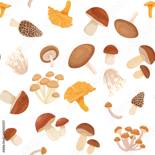 Seamless pattern with edible fresh whole mushrooms for cooking Japanese dishes.