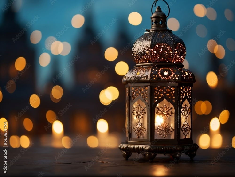 Traditional lantern with beautiful lights and mosque in background generative ai Traditional lantern with beautiful lights and mosque in background generative ai