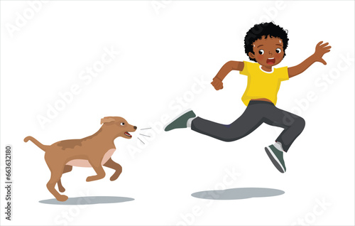 Cute little African boy running scared chased by barking dog