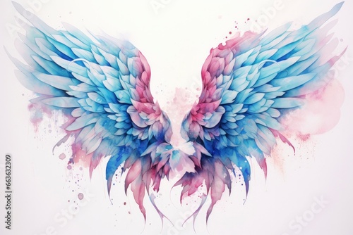 Beautiful magic watercolor blue pink wings.