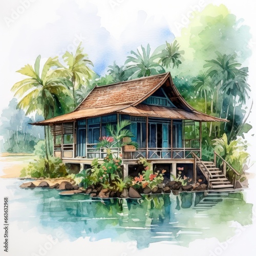 A watercolored bright serene image of a traditional bahay kubo. © Md