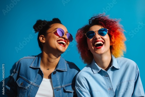 Lesbian partners enjoying a light-hearted conversation against a peaceful light blue background  representing love and togetherness