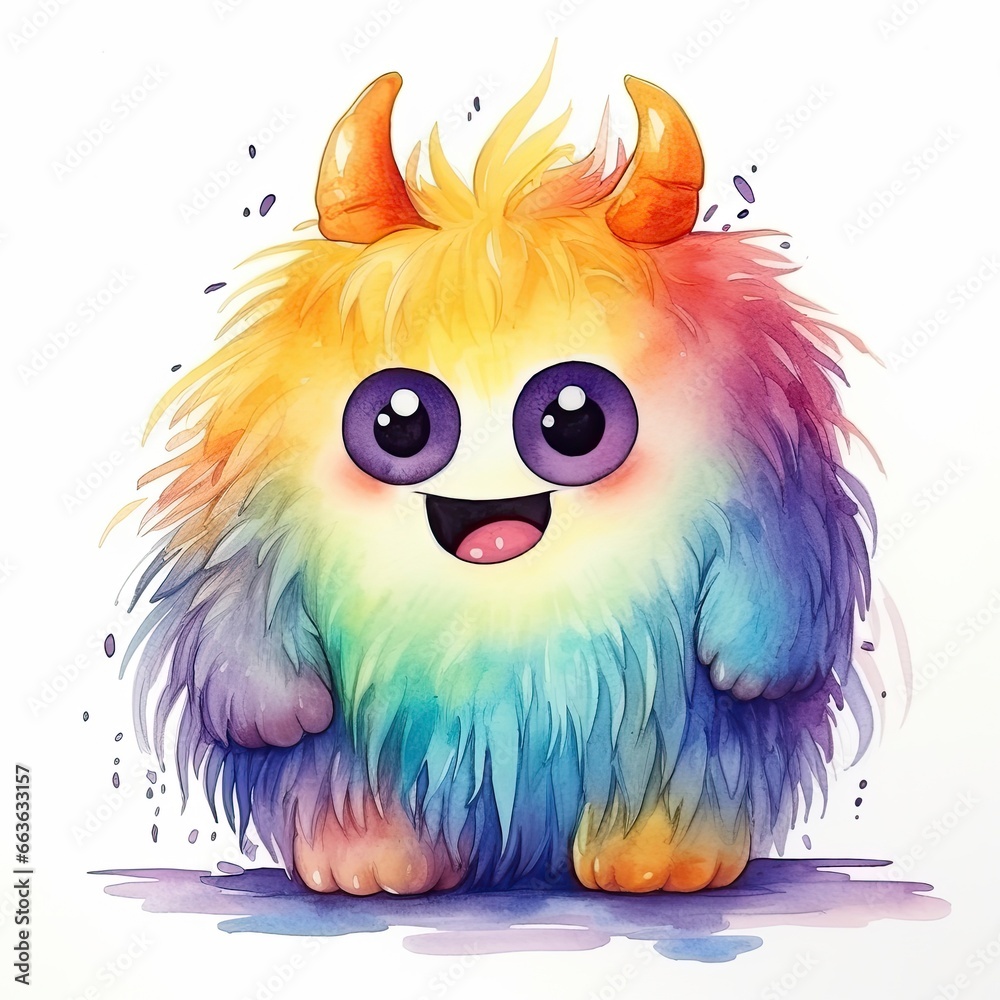 Watercolor cute monster on white background.