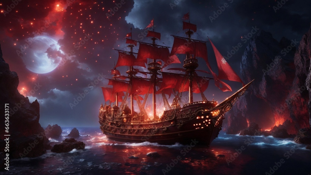 Obraz premium high quality, 8K Ultra HD, high detailed, Crimson Magma Pirate Expedition, Embark on a breathtaking 8K photorealistic wallpaper, where a majestic pirate ship sets sail above the fiery crimson magma of