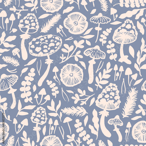 Hand drawn mushrooms seamless vector pattern. Mushroom caps, berries, fir branches, fir needles leaves for printing, fabric, textile, manufacturing, wallpapers.