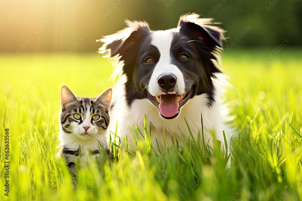 Cat and dog together with happy expressions in a garden. - obrazy, fototapety, plakaty 