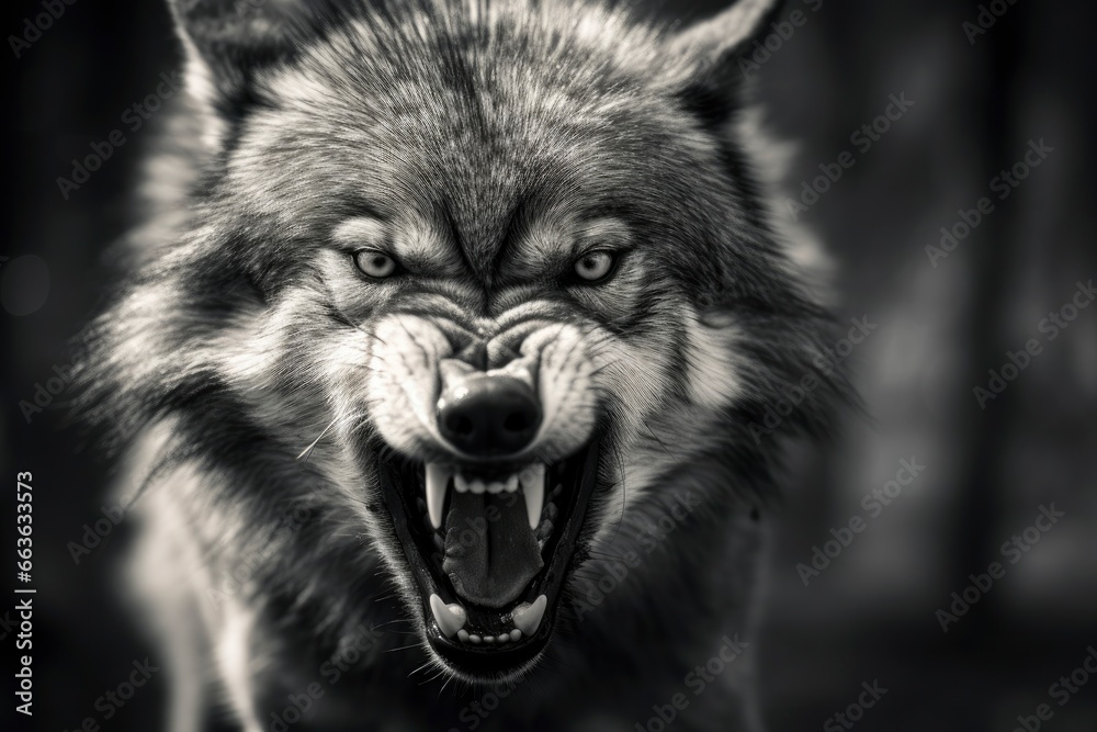 Greyscale closeup shot of an angry wolf with a blurred background. - obrazy, fototapety, plakaty 