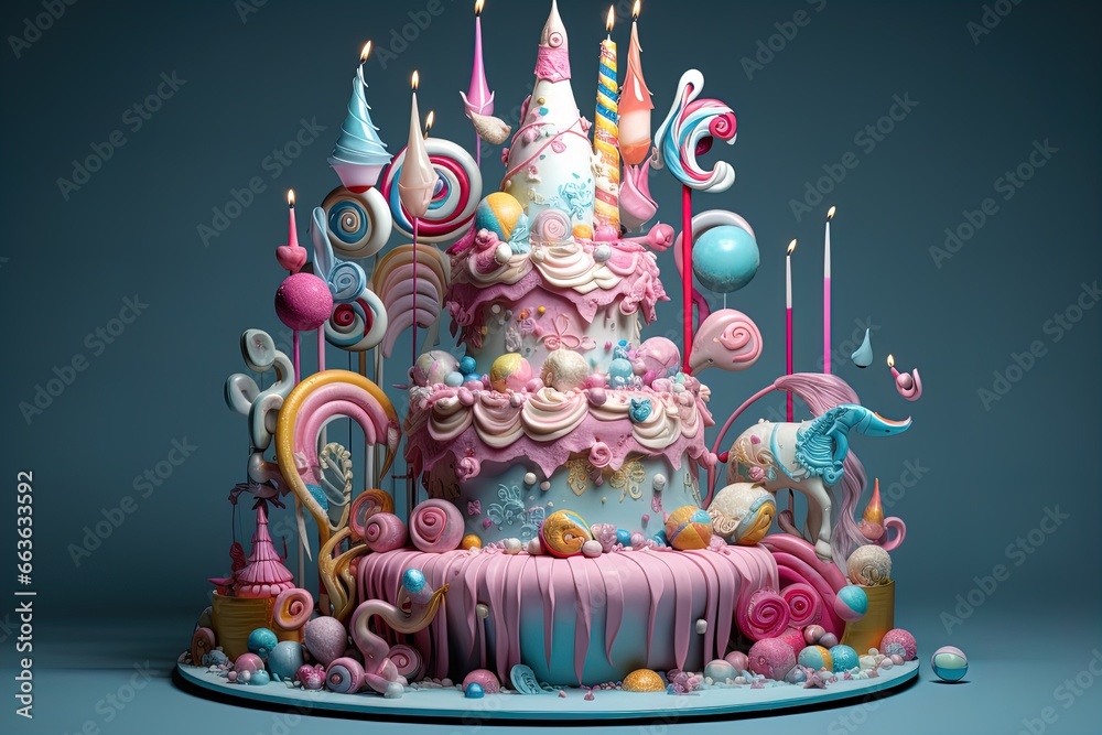 Colorful Surrealist Birthday Cake with Unicorn