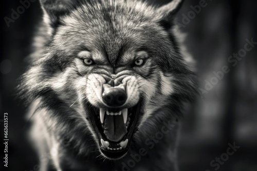 Greyscale closeup shot of an angry wolf with a blurred background. photo