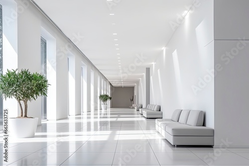 Interior design of a modern luxurious white building corridor or hallway with waiting seat. © Md