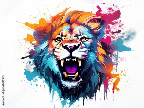 Colorful lion head splash art with white background generative ai