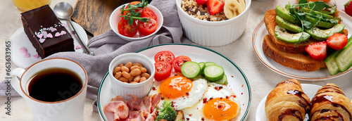 Healthy breakfast eating concept, various morning food on light background