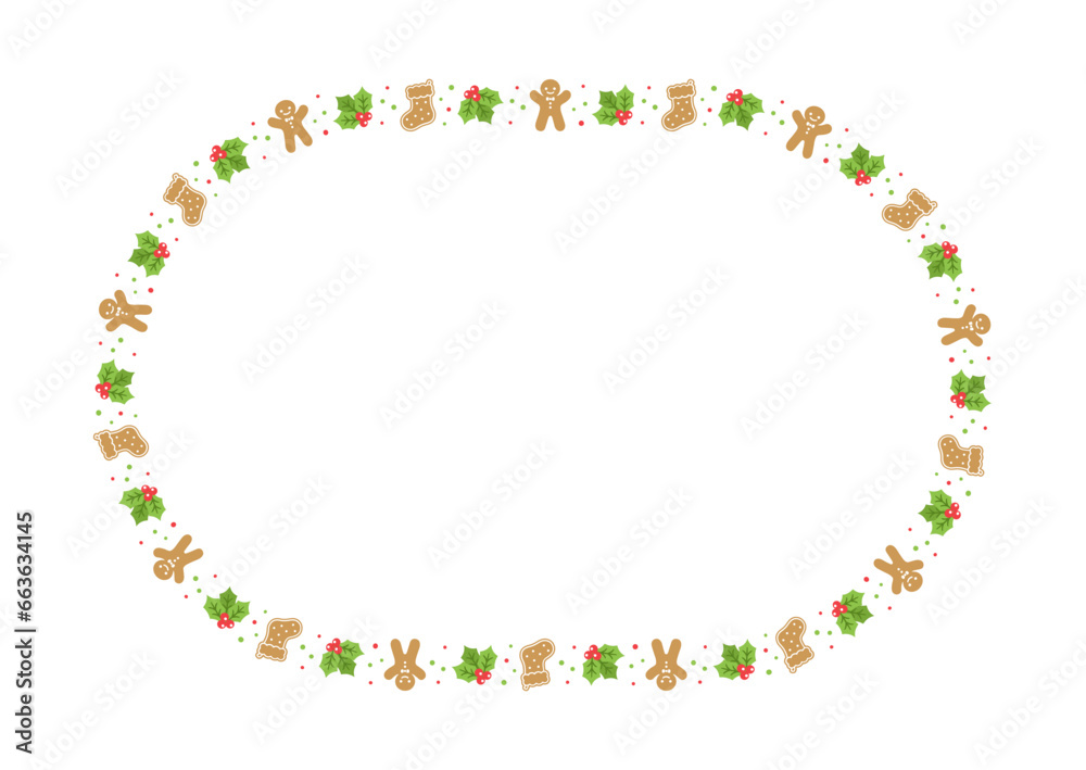 Gingerbread Cookies Frame Border, Christmas Winter Holiday Graphics. Homemade sweets pattern, card and social media post template on white background. Isolated vector illustration.