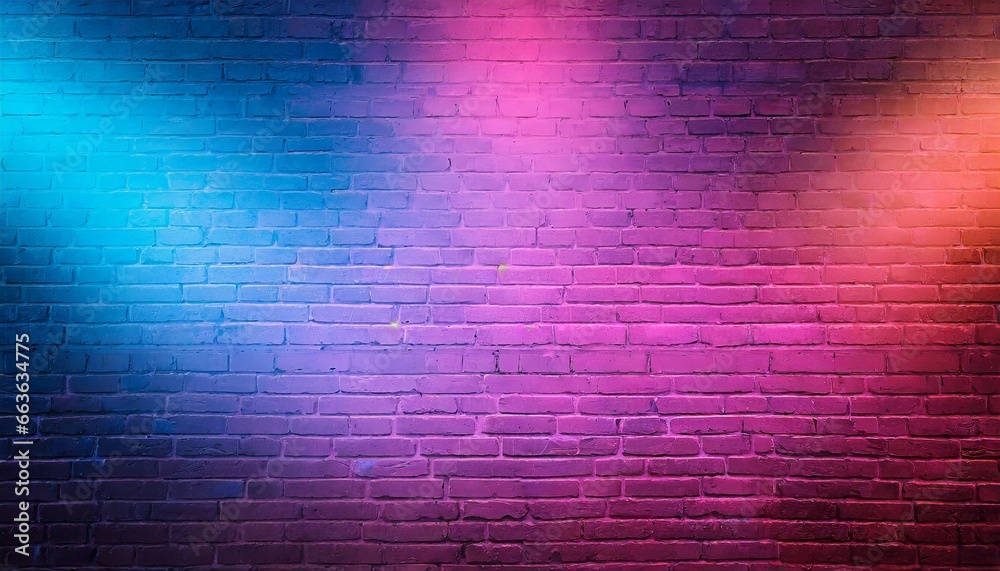 Lighting effect pink, orange and blue neon background, Neon light on brick walls that are not plastered background and texture. blue wall