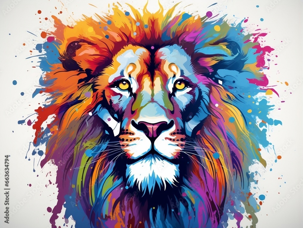 Fototapeta Colorful lion head splash art with white background generative ai