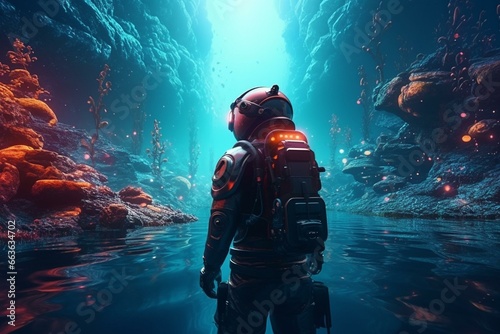 Futuristic astronaut explores neon forest on water planet. Generative AI