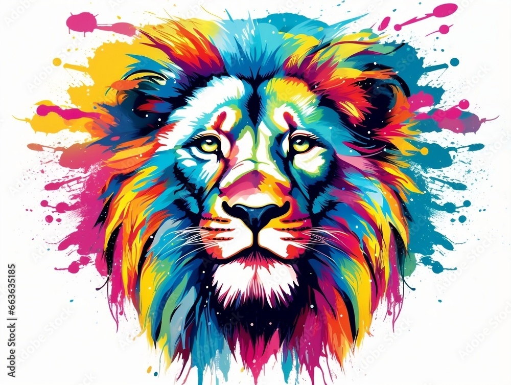 Colorful lion head splash art with white background generative ai