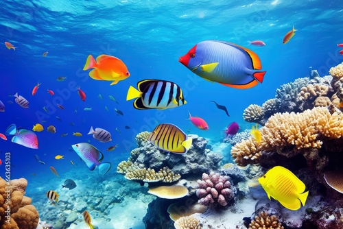Underwater world with corals and tropical fish. © Md