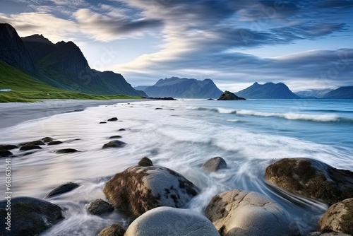 Uttakleiv Beach,with dramatic mountains and peaks, open sea and sheltered bays, beaches and untouched lands.