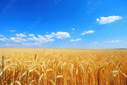 Wheat field under blue sky.