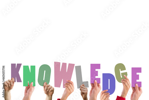 Digital png illustration of hands and knowledge text on transparent background