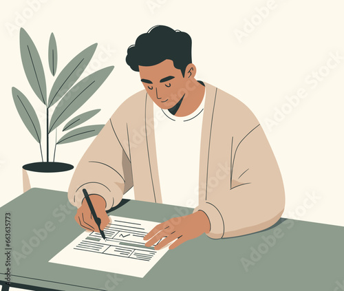 Man filling out a form, vector illustration