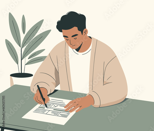 Man filling out a form, vector illustration