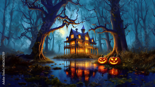 Halloween, Glowing Mansion In Wooded Area - art