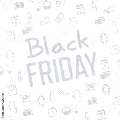 Digital png illustration of black friday text with many shapes around on transparent background