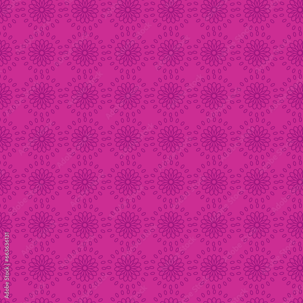 Digital png illustration of dark purple rosettes repeated on purple background