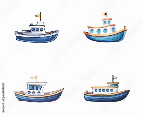 set of happy cute boat watercolor illustrations for printing on baby clothes, pattern, sticker, postcards, print, fabric, and books