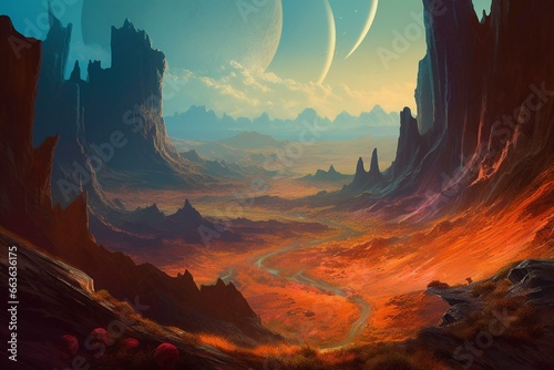 An otherworldly terrain in a 2D painting depicting a concept of an alien planet. Generative AI