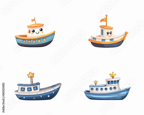 set of happy cute boat watercolor illustrations for printing on baby clothes, pattern, sticker, postcards, print, fabric, and books