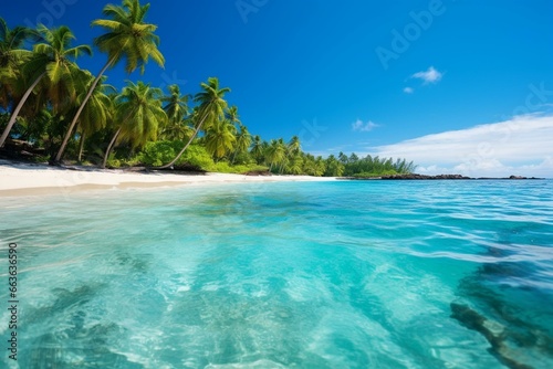A scenic view of a beautiful beach with palm trees and clear blue water. Generative AI © Ronald