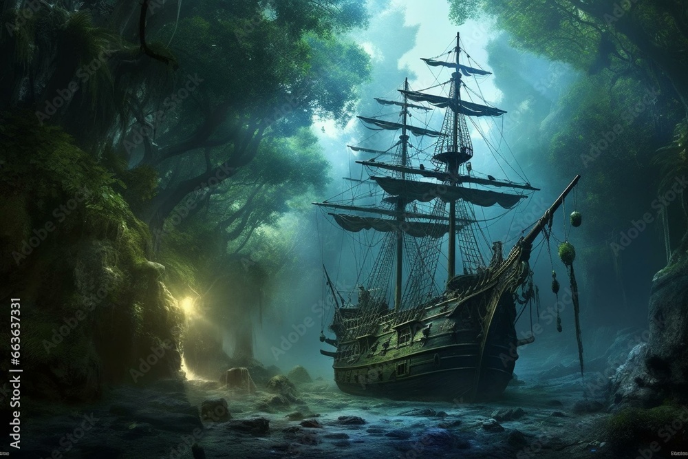 Discovery of a forest jungle pirate ship. Generative AI