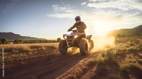 Man riding atv vehicle on offroad track. Quad bike riders in the desert at sunset, extreme sport activities theme. photo