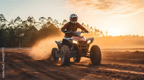 Man riding atv vehicle on offroad track, quad bike riders in the desert at sunset, extreme sport activities theme.