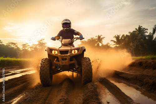Man riding atv vehicle on offroad track, quad bike riders in the desert at sunset, extreme sport activities theme. © AspctStyle