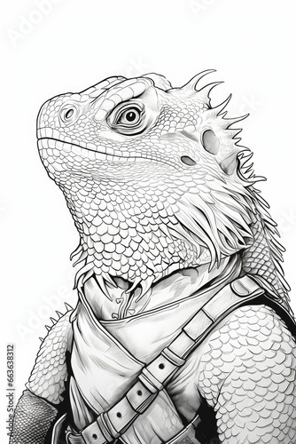 coloring page of a bearded dragon or lizard in a line art hand drawn style for kids © LightoLife