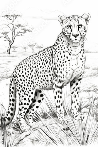 coloring page of a cheetah jungle safari in a line art hand drawn style for kids
