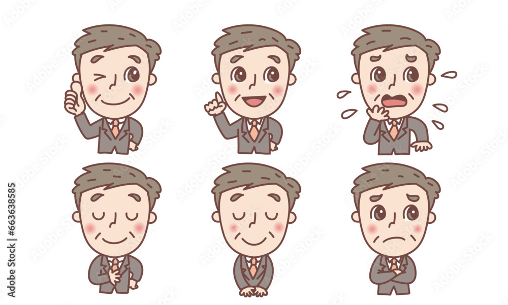 Fototapeta premium スーツ姿のシニア男性のイラスト 表情セット