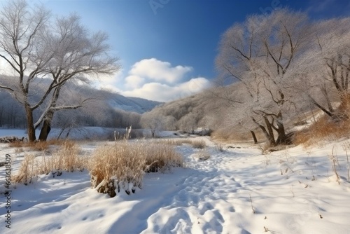 Winter landscape with natural elements. Generative AI