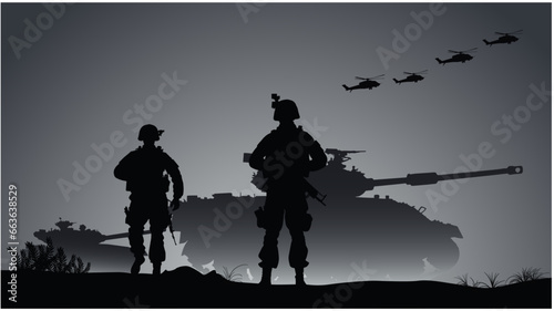 Soldiers on the performance of the combat mission, silhouette of soldiers are fighting in the battlefield vector illustration