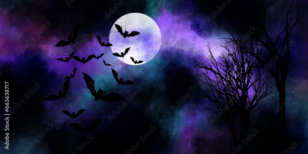 Halloween background with the creepy landscape of night sky, group of bats, and fantasy forest in the moonlight