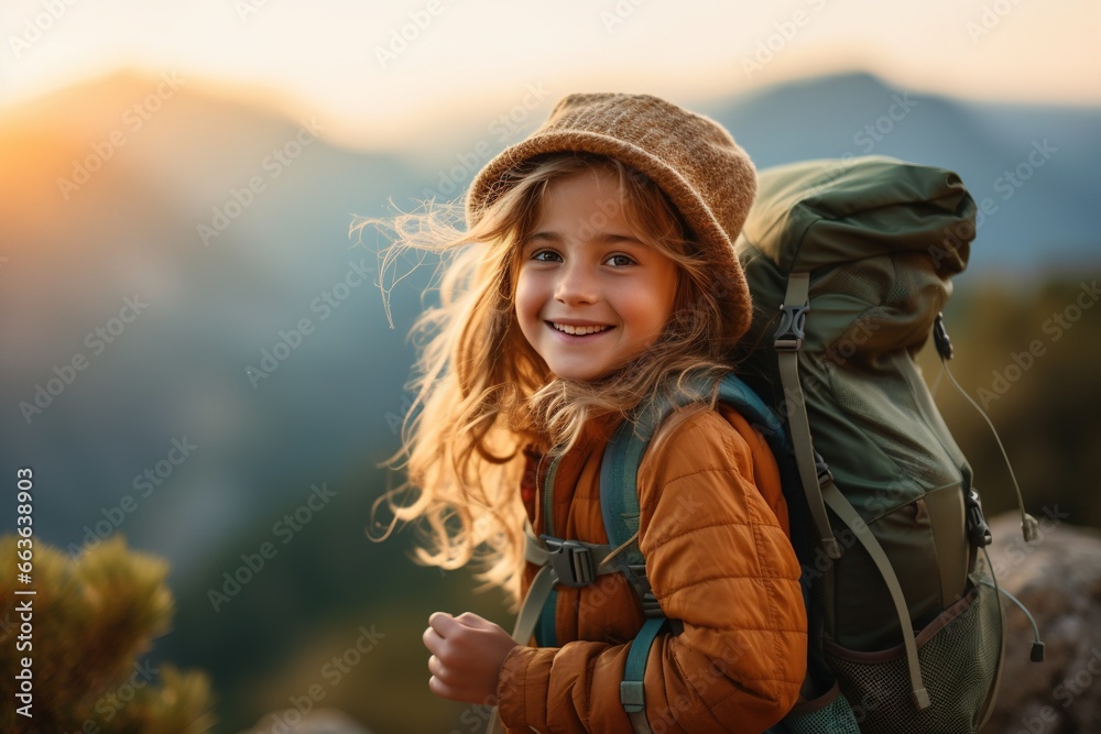 little girl with backpack hiking on mountain peak at sunset, travel and adventure concept