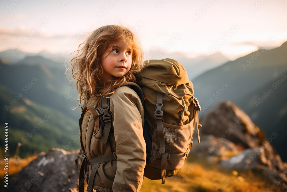 little girl with backpack hiking on mountain peak at sunset, travel and adventure concept