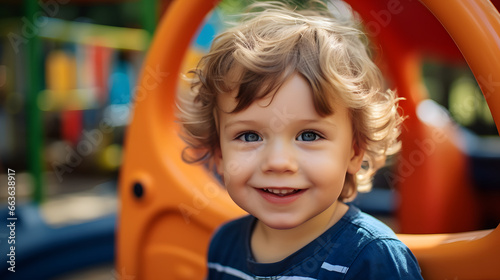 Portrait of happy little boy on outdoor playground in kindergarten, happy child, lifestyle.