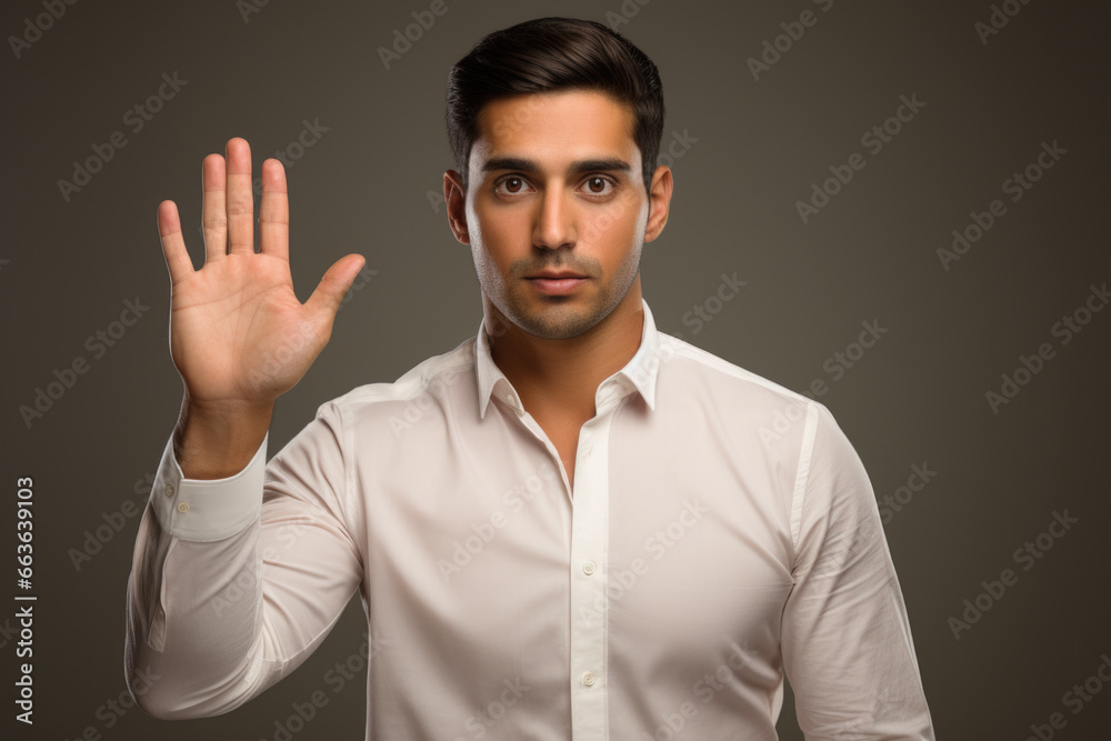 Man wearing white shirt is making stop sign gesture. This image can be used to convey concept of stopping or signaling caution. Man wearing white shirt is making stop sign gesture. This image can be used to convey concept of stopping or signaling caution.